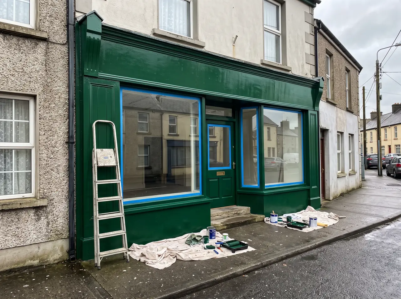 Town shop front freshly painted dark green, window glass edged with blue masking tape, dust sheets and paint tins on the footpath