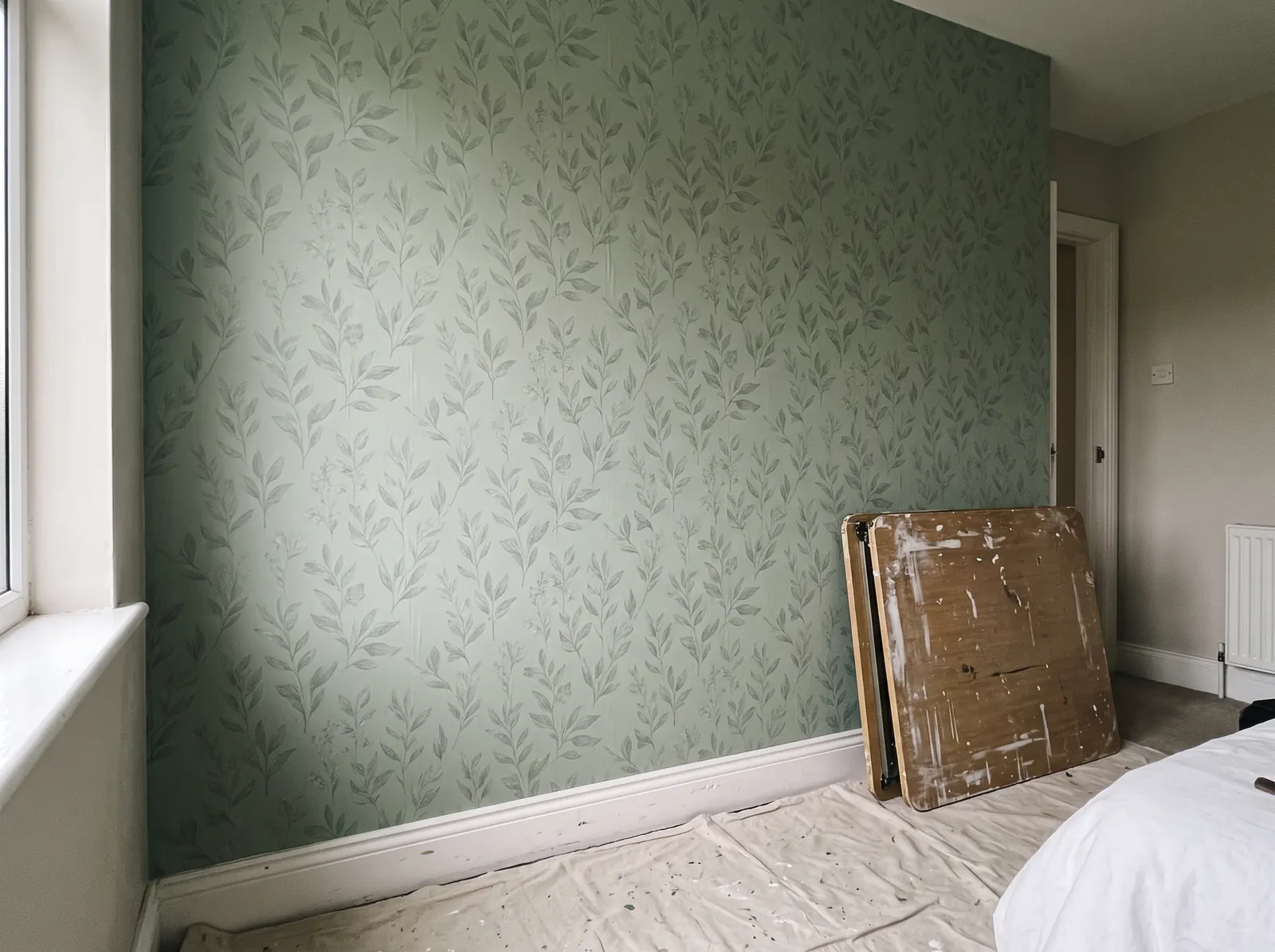 Bedroom feature wall in green leaf-pattern wallpaper with a folded pasting table leaning against it