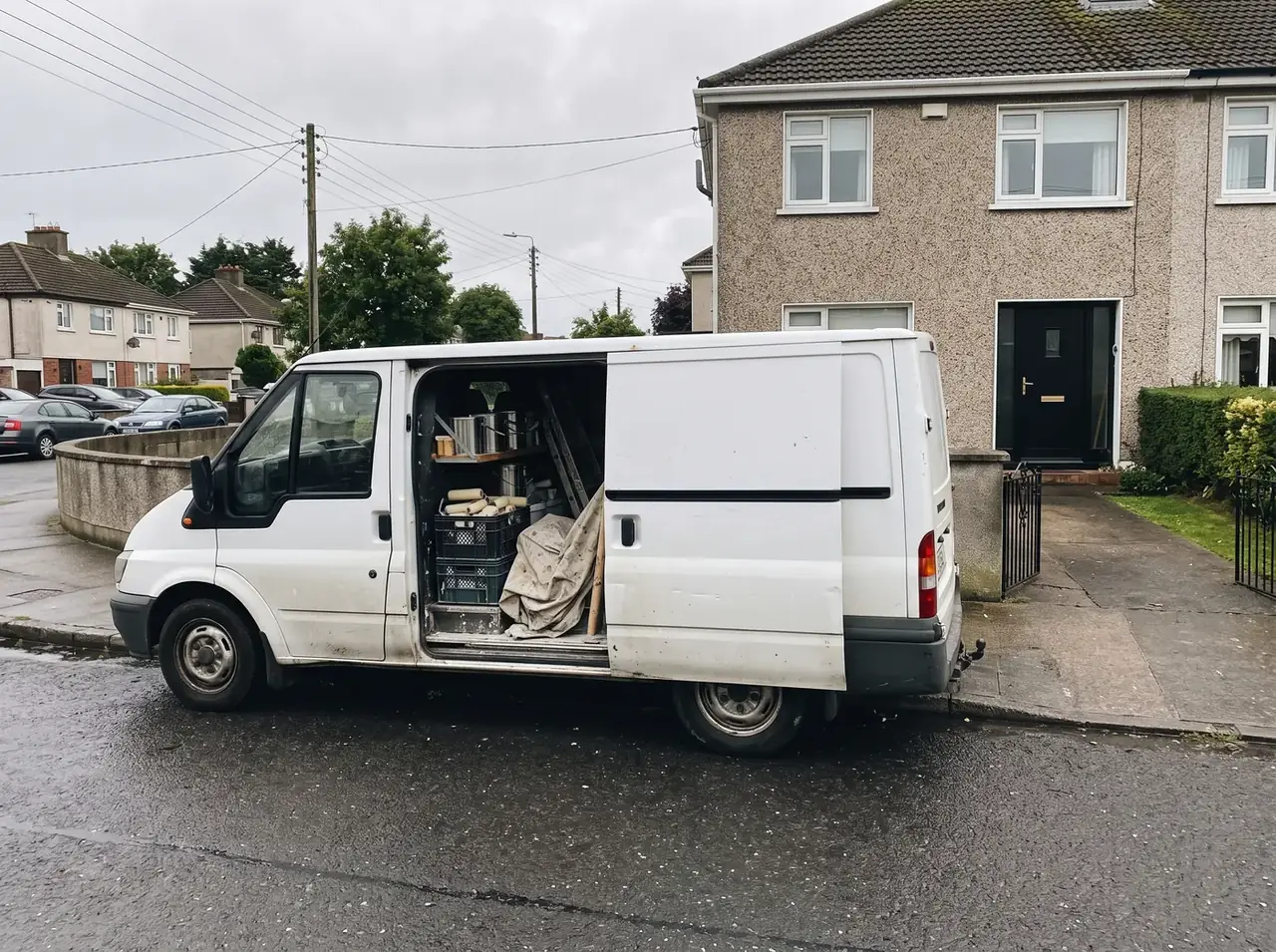 White van parked outside a semi-detached house with the side door open, showing paint tins, rollers and dust sheets