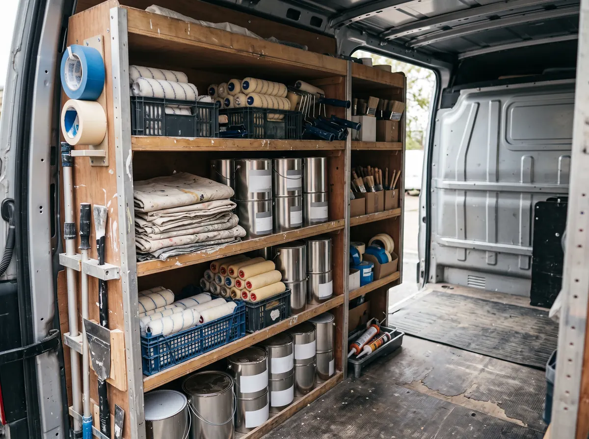 Inside a painter's van with shelves of rollers, dust sheets, paint tins and brushes