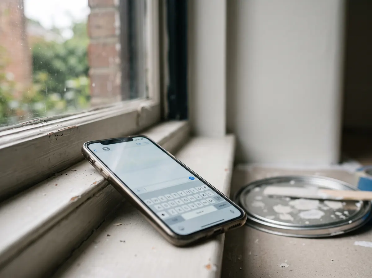 Phone on a windowsill beside a paint tin lid, ready to send photos of a room