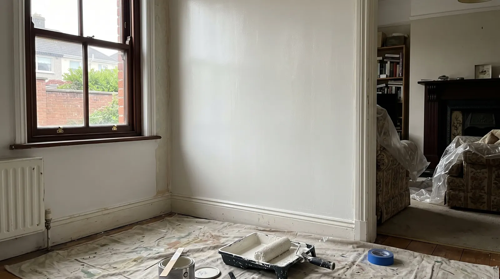 Living room mid-job with floors covered by dust sheets, a roller tray and paint tin on the floor