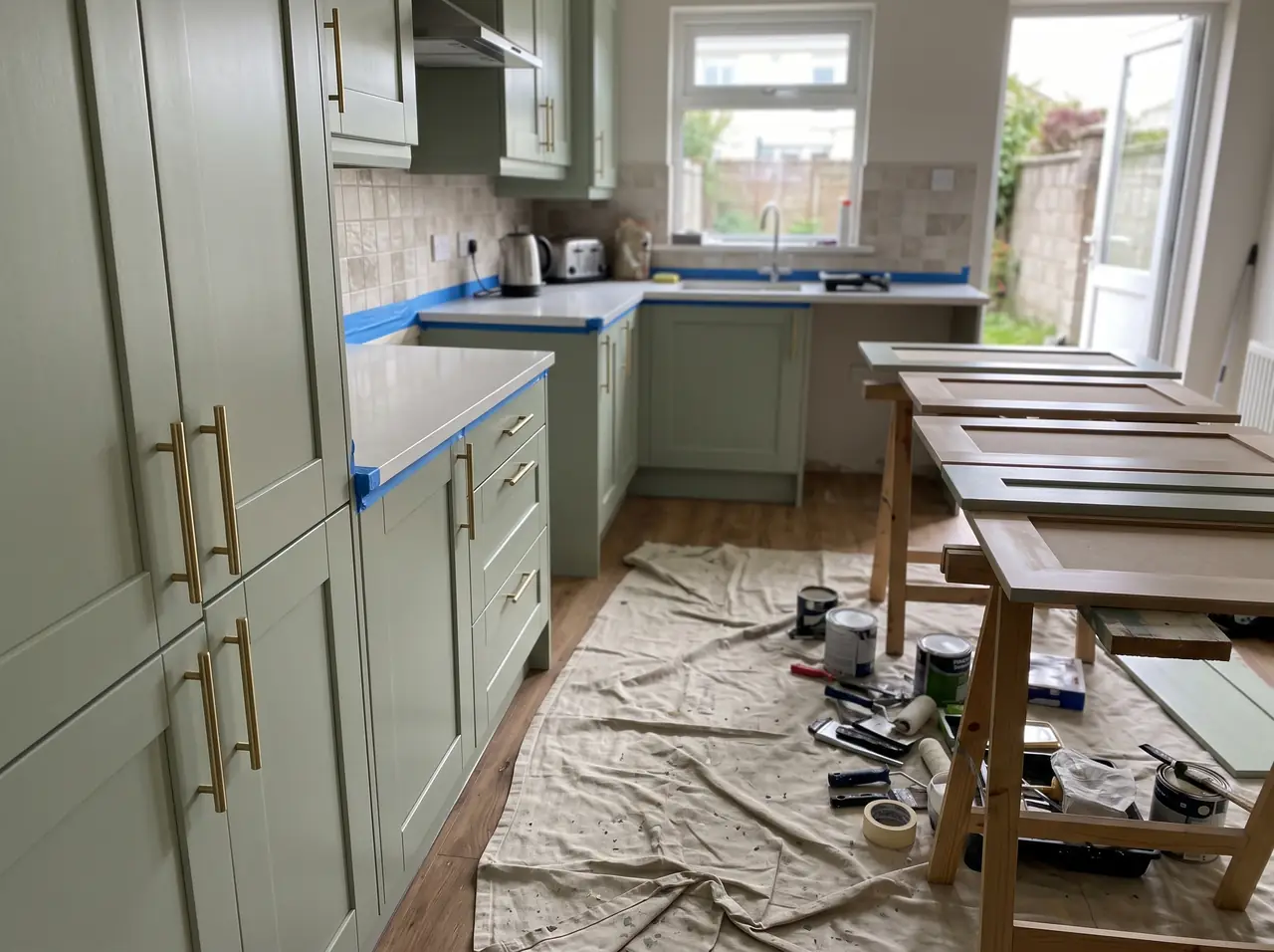 Kitchen with shaker cabinets painted sage green and brass handles, worktops masked with blue tape and doors drying on trestles