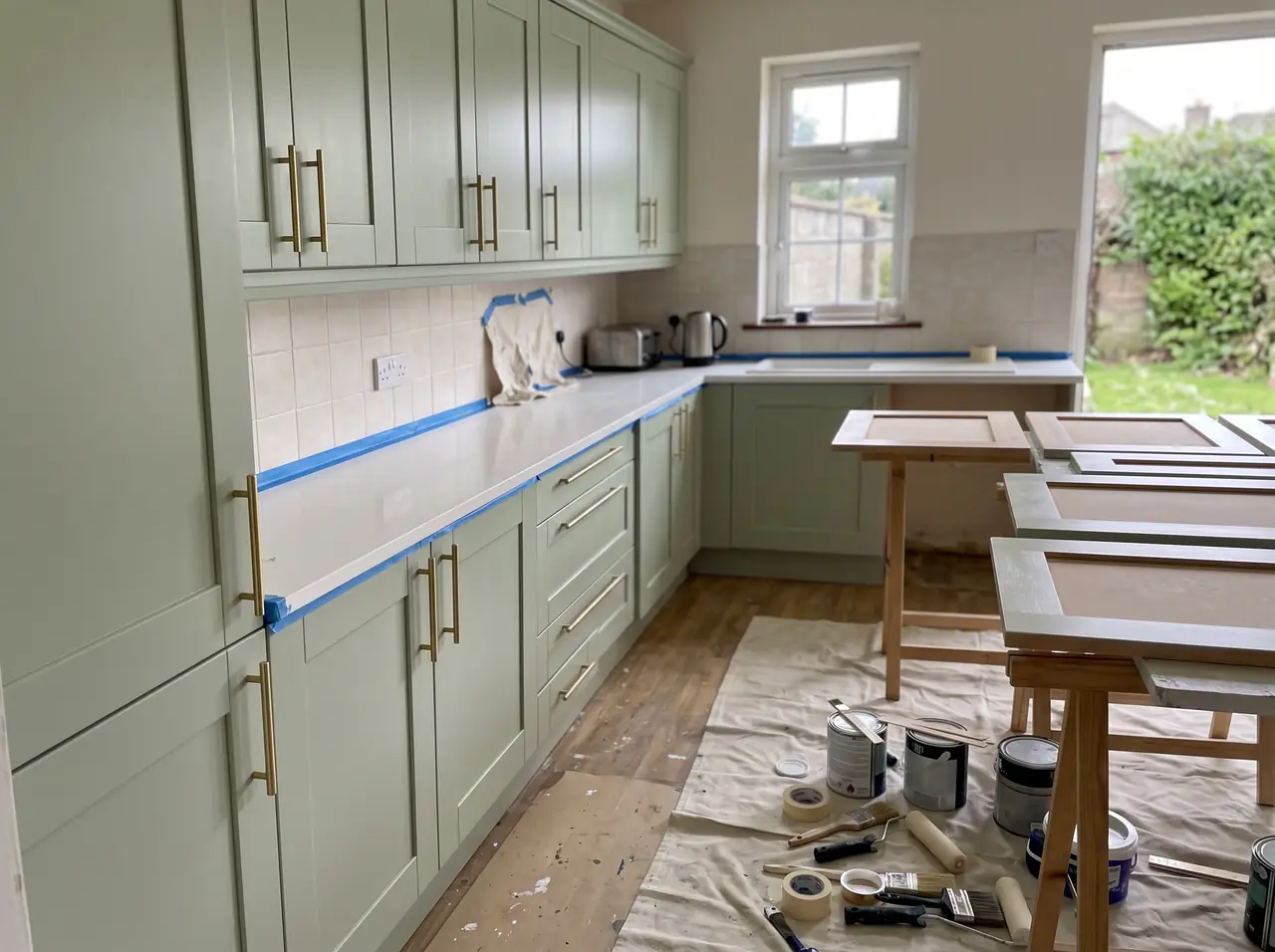 Full run of kitchen units painted sage green with brass bar handles, worktops masked and doors drying on trestles