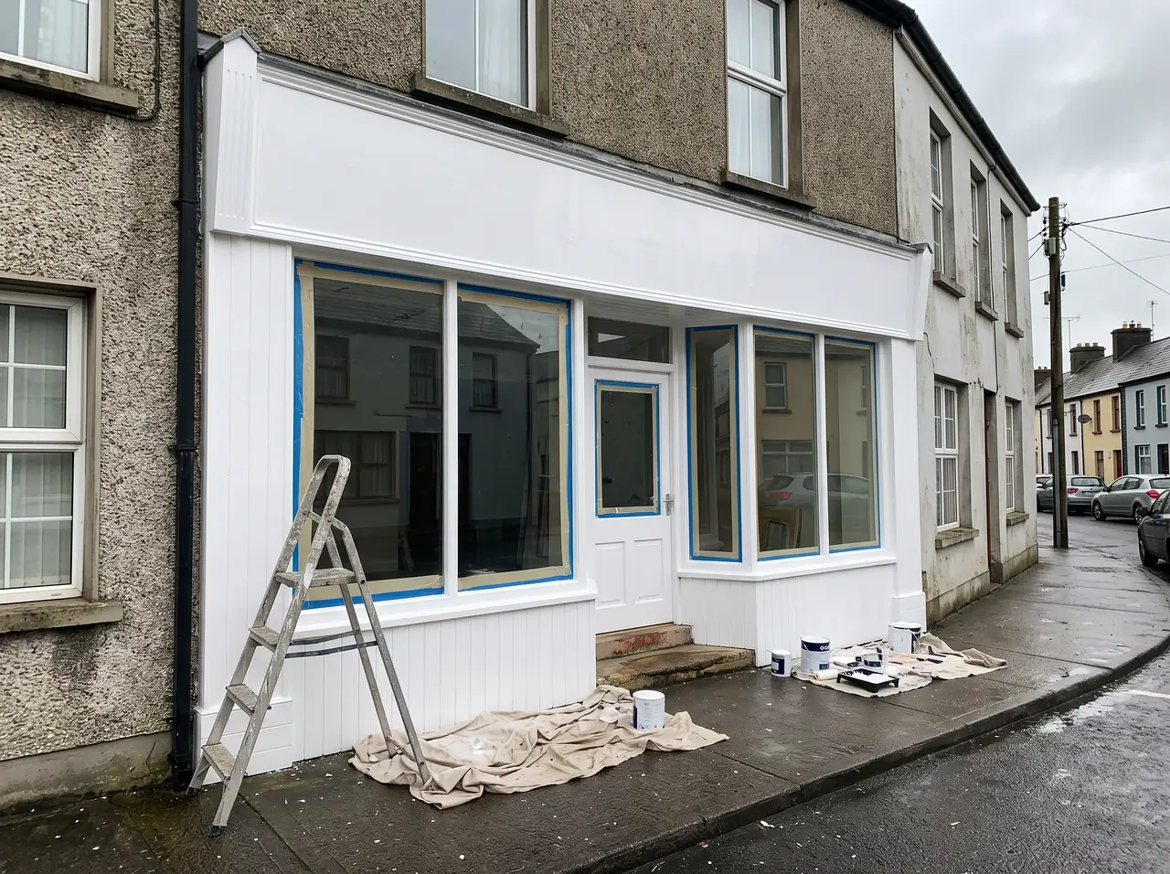 Shop front freshly painted white on a town street, glass edges masked, step ladder and paint tins on dust sheets on the footpath